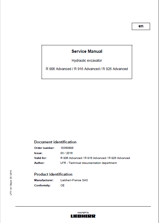 Liebherr R906, R916, R926 Classic & Advance Excavator Service Manual