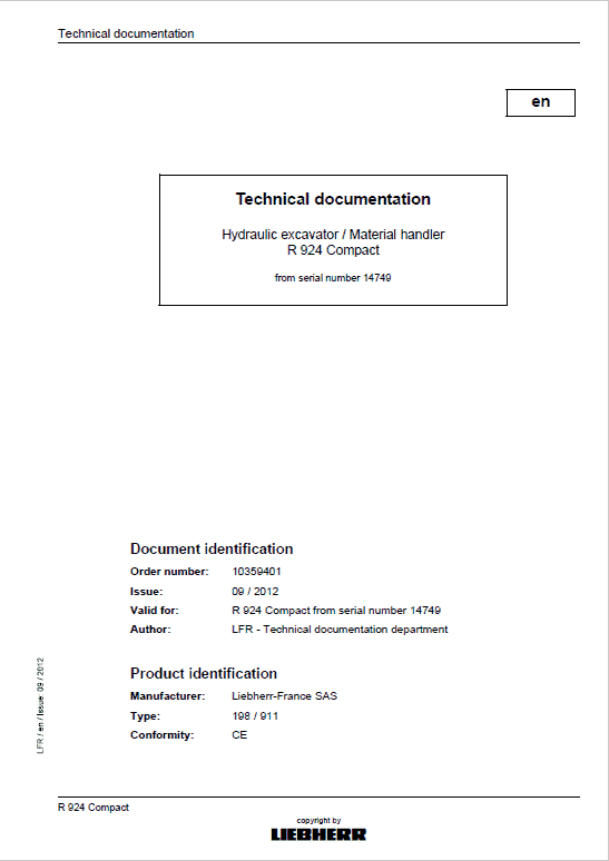 Liebherr R924 Compact Excavator Service Manual