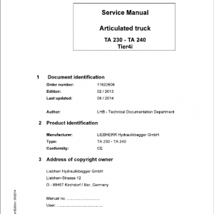 Liebherr TA 230, TA 240 Articulated Truck Service Manual