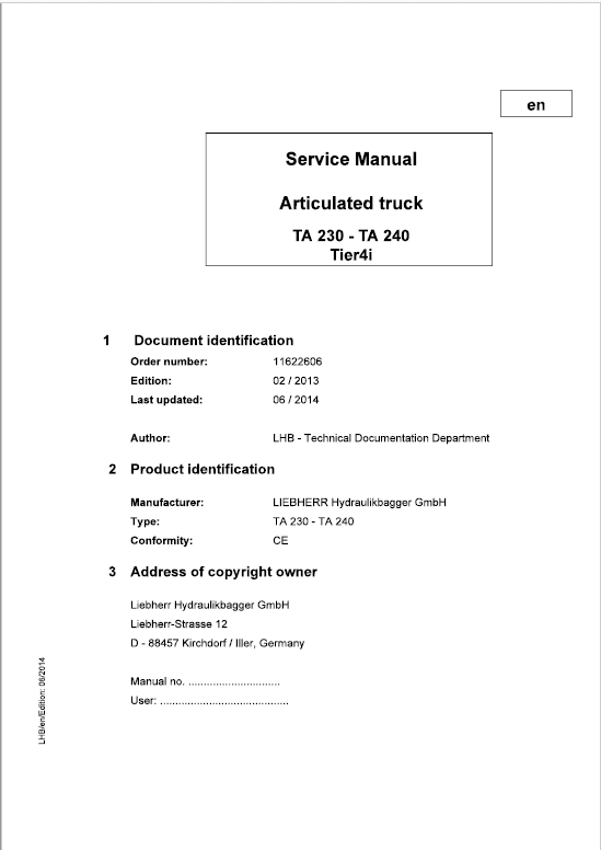 Liebherr TA 230, TA 240 Articulated Truck Service Manual