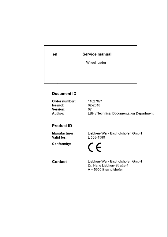 Liebherr L508 Type 1580 Wheel Loader Service Manual