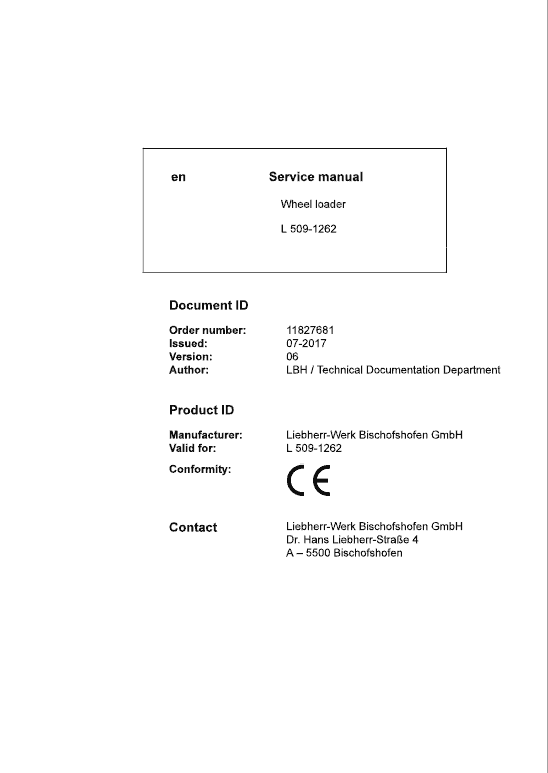 Liebherr L509 Type 1262 Wheel Loader Service Manual