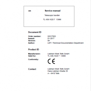 Liebherr TL436 Type 1620 Telescopic Handler Service Manual