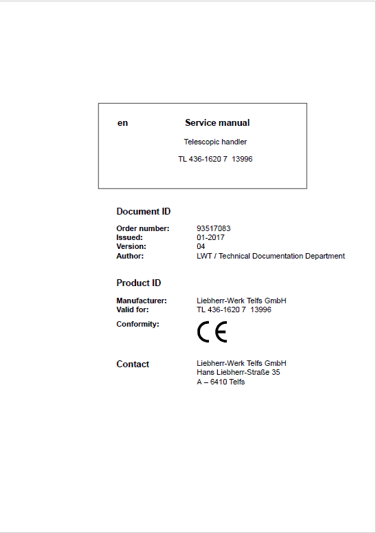 Liebherr TL436 Type 1620 Telescopic Handler Service Manual