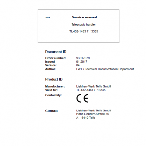 Liebherr TL432 Type 1483 Telescopic Handler Service Manual