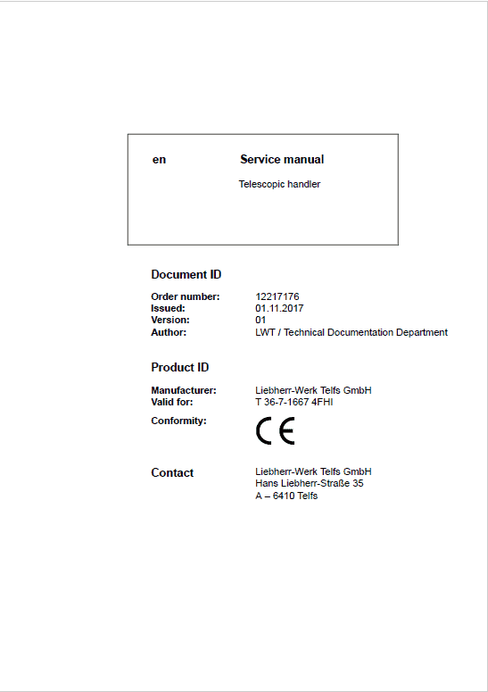 Liebherr T36-7 Telescopic Handler Service Manual