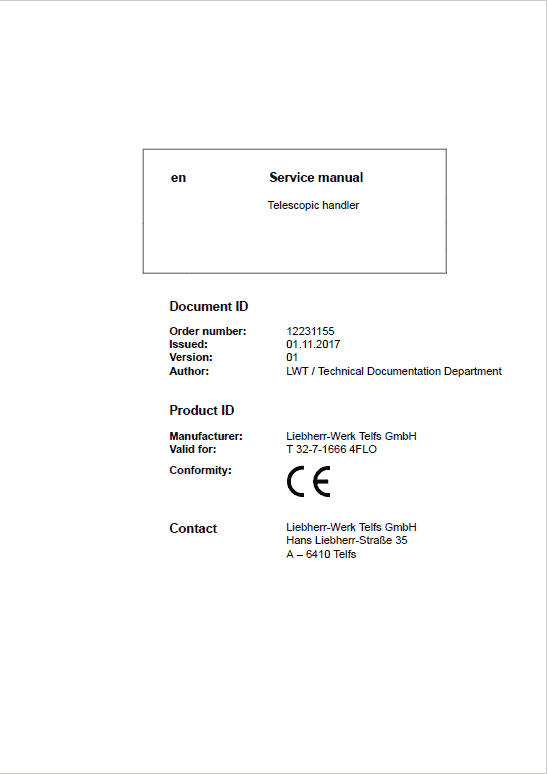 Liebherr T32-7 Telescopic Handler Service Manual