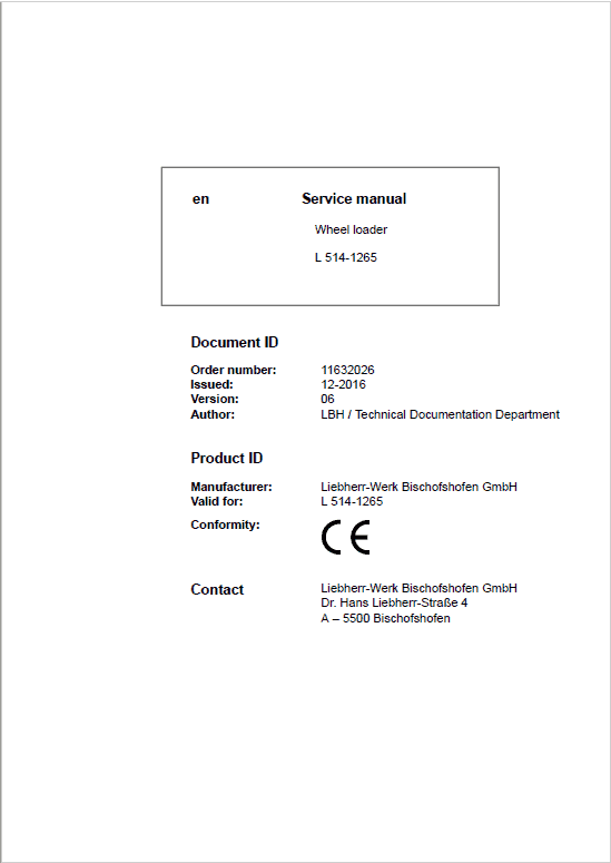 Liebherr L514 Type 1265 Wheel Loader Service Manual