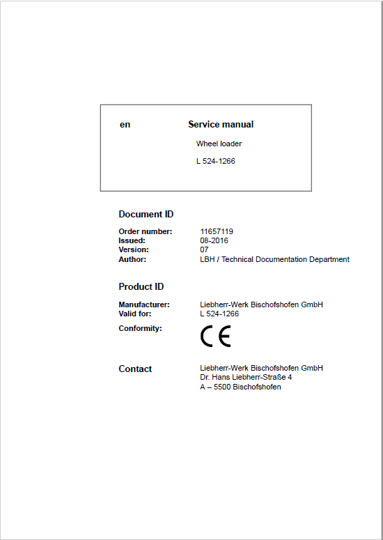 Liebherr L524 Type 1266 Wheel Loader Service Manual