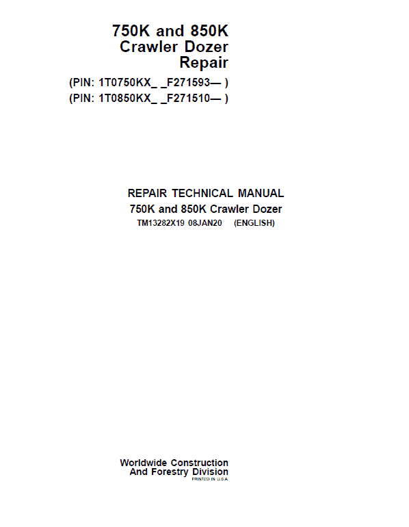 John Deere 750K, 850K Crawler Dozer Service Manual (SN. from F271510)