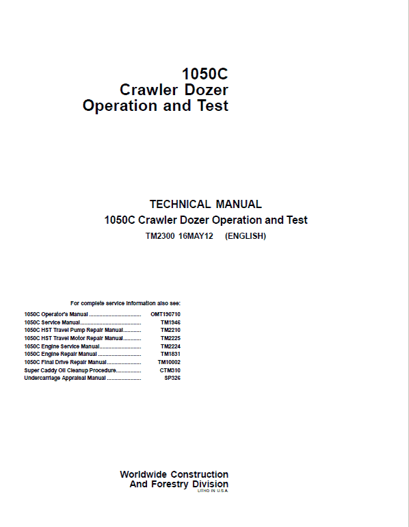 John Deere 1050C Crawler Dozer Service Manual (TM2300, TM2210, TM2225)