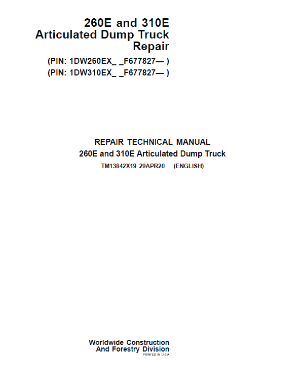 John Deere 260E and 310E Articulated Dump Truck Service Manual (SN. from F677827)