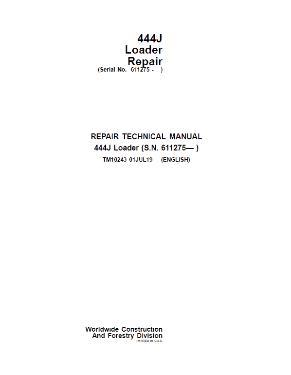 John Deere 444J Loader Service Manual (SN. after 611275)