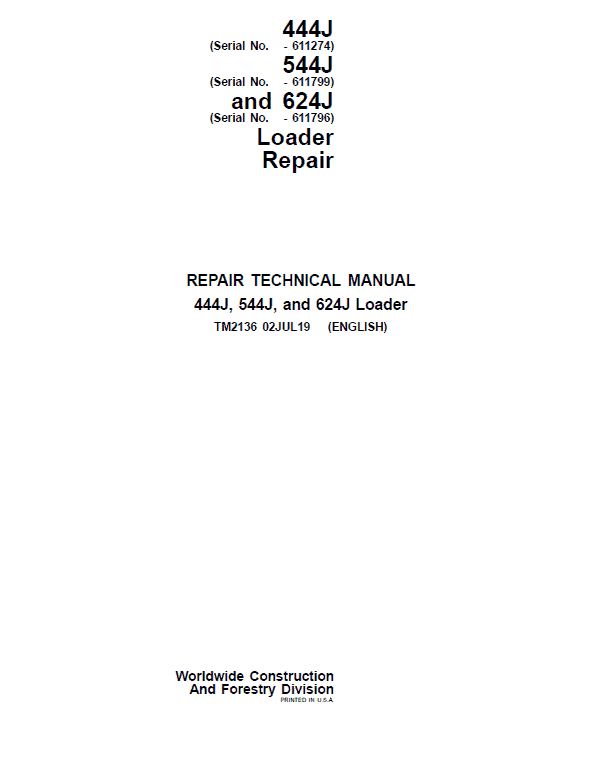 John Deere 444J, 544J, 624J Loader Service Manual (SN. before 611274)