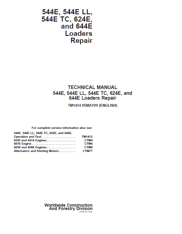 John Deere 544E, 544E LL, 544E TC, 624E, 644E Loader Service Manual