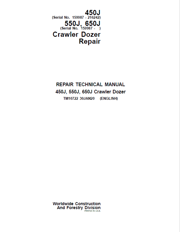 John Deere 450J, 550J, 650J Crawler Dozer Service Manual (SN. from 159987 -216242)