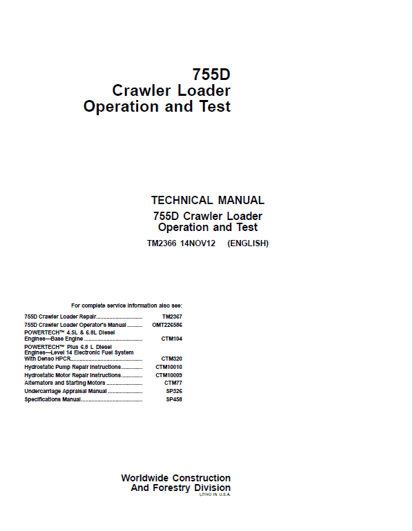 John Deere 755D Crawler Loader Service Manual (TM2366 & TM2367)