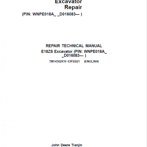 John Deere E18ZS Excavator Repair Service Manual (SN. D016000 - )