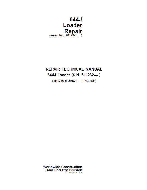 John Deere 644J Loader Service Manual (SN. after 611232 )