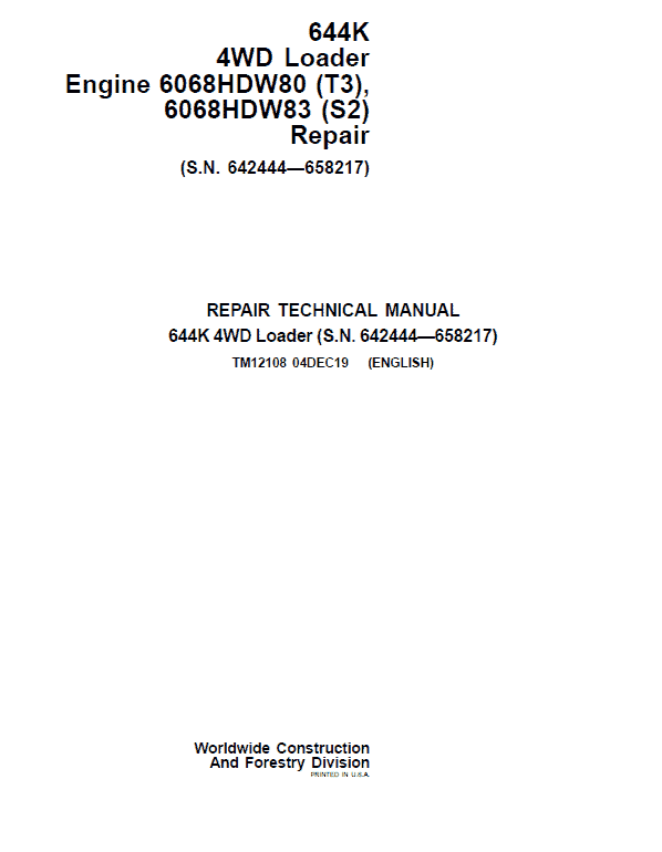 John Deere 644K 4WD Engine S2 & T3 Loader Service Manual (S.N. 642444 - 658217)