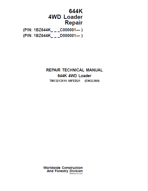 John Deere 644K 4WD Loader Service Manual (S.N. after C000001 & D000001 - )