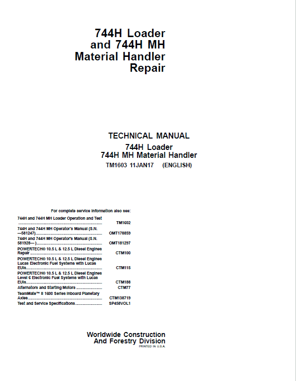 John Deere 744H and 744H MH Loader Service Manual