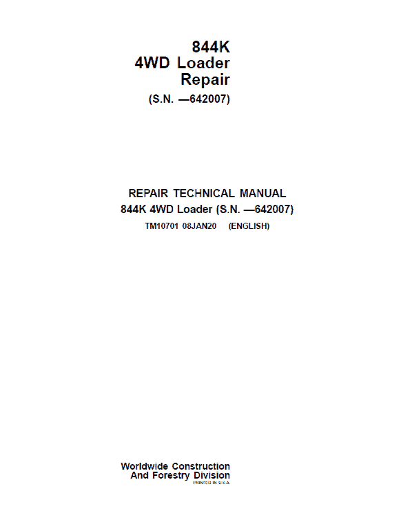 John Deere 844K 4WD Loader Service Manual (S.N before - 642007)