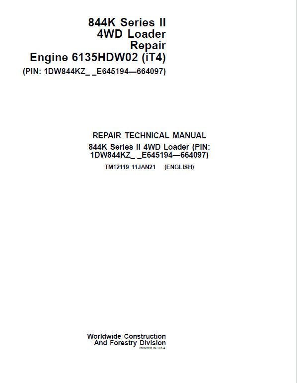 John Deere 844K-II 4WD Engine (iT4) Loader Service Manual (S.N E645194 - E664097)