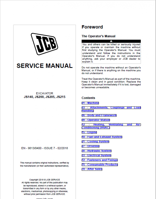 JCB JS140, JS200, JS205, JS215 Excavator Service Manual