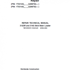 John Deere 312GR, 314G SkidSteer Loader Service Manual (S.N from G298752 - )