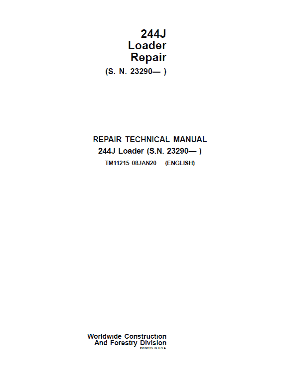 John Deere 244J Loader Service Manual (S.N after 23290 - )