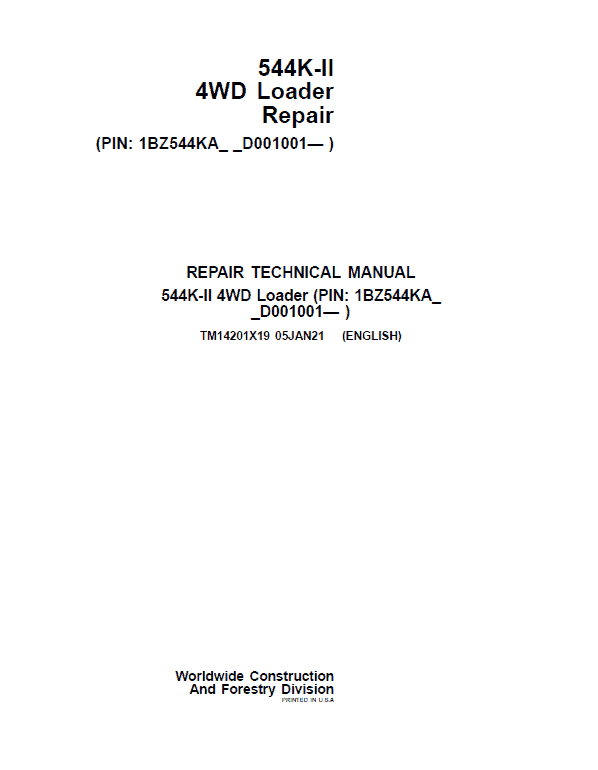 John Deere 544K-II 4WD Loader Repair Service Manual (S.N after D001001 - )