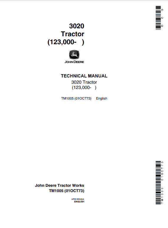 John Deere 3020 Row-Crop Tractor Technical Service Manual (SN. from 123000 -)