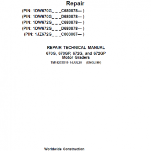 John Deere 670G, 670GP, 672G, 672GP Grader Service Manual (S.N 680878 & C003007 - )