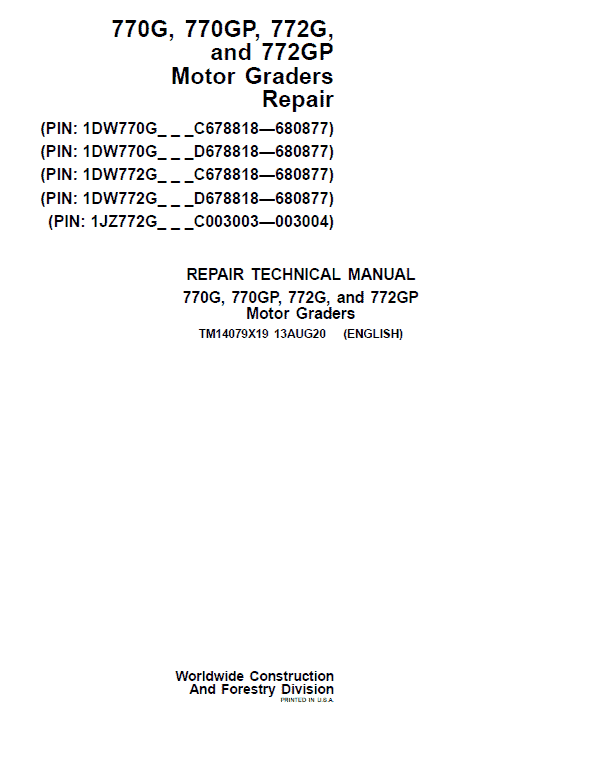 John Deere 770G, 770GP, 772G, 772GP Grader Service Manual (S.N 680878 - 680877 )