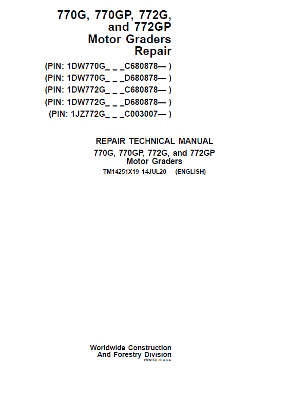 John Deere 770G, 770GP, 772G, 772GP Grader Service Manual (S.N 680878 & C003007 - )