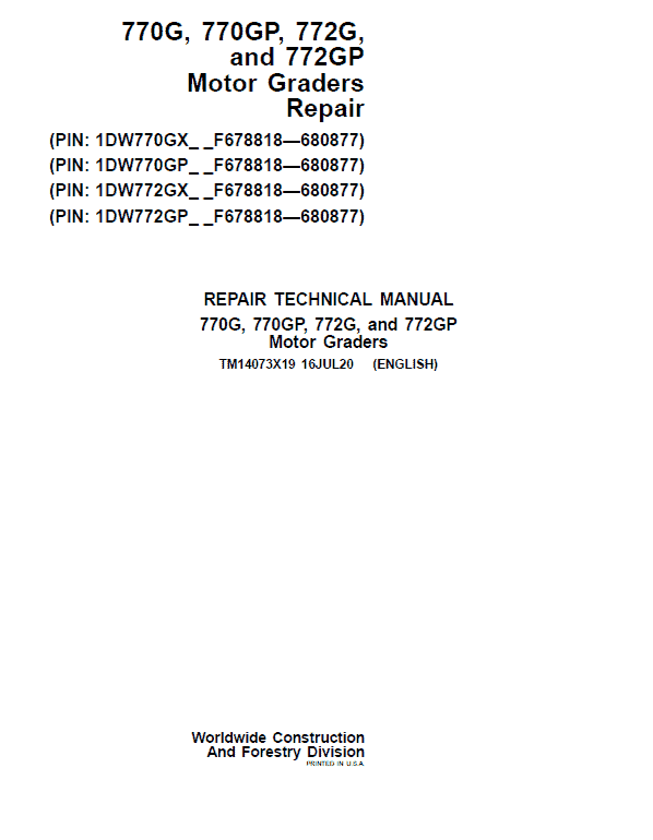 John Deere 770G, 770GP, 772G, 772GP Grader Service Manual (S.N F680878 - F680877)