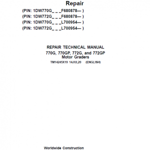 John Deere 770G, 770GP, 772G, 772GP Grader Service Manual (S.N F680878 & L700954 - )