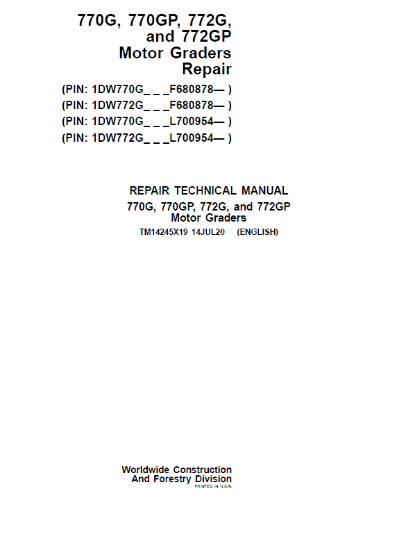 John Deere 770G, 770GP, 772G, 772GP Grader Service Manual (S.N F680878 & L700954 - )