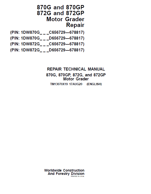 John Deere 870G, 870GP, 872G, 872GP Grader Service Manual (S.N 656729 -678817)