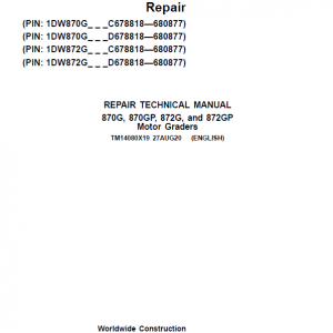 John Deere 870G, 870GP, 872G, 872GP Grader Service Manual (S.N 680878 - 680877 )