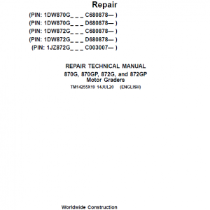 John Deere 870G, 870GP, 872G, 872GP Grader Service Manual (S.N 680878 & C003007 - )