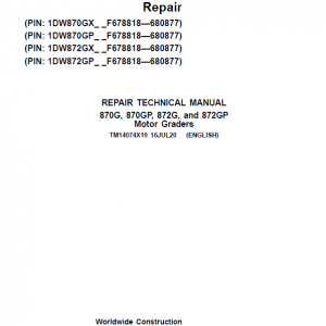 John Deere 870G, 870GP, 872G, 872GP Grader Service Manual (S.N F678818 - F680877)