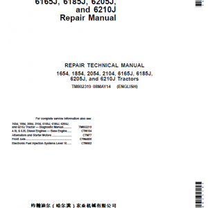 John Deere 1654, 1854, 2054, 2104, 6165J, 6185J, 6205J, 6210J Tractors Service Manual