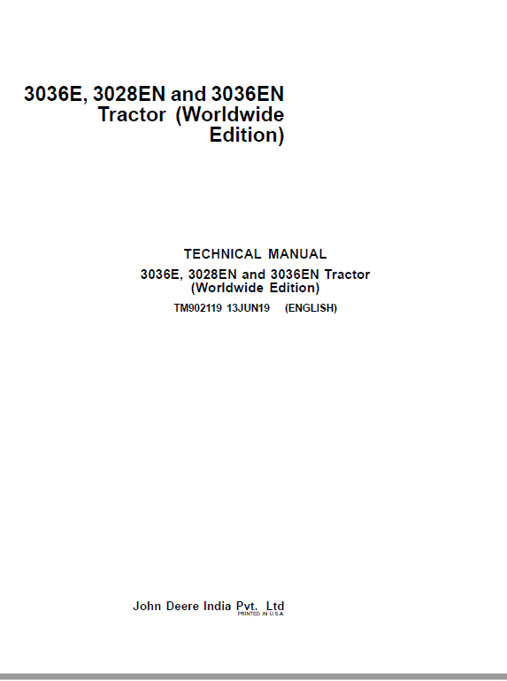 John Deere 3028EN, 3036E, 3036EN Tractors Repair Service Manual TM902119