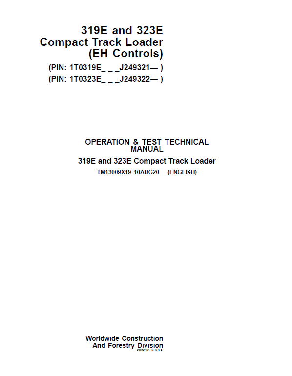 John Deere 319E, 323E SkidSteer Loader Service Manual (EH Controls - SN after J249321)