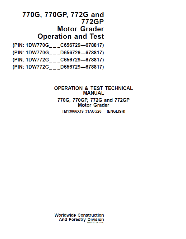 John Deere 770G, 770GP, 772G, 772GP Grader Service Manual (S.N 656729 -678817)