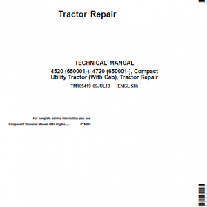 John Deere 4520, 4720 Compact Utility Tractors Service Manual (With Cab - S.N 650001-)