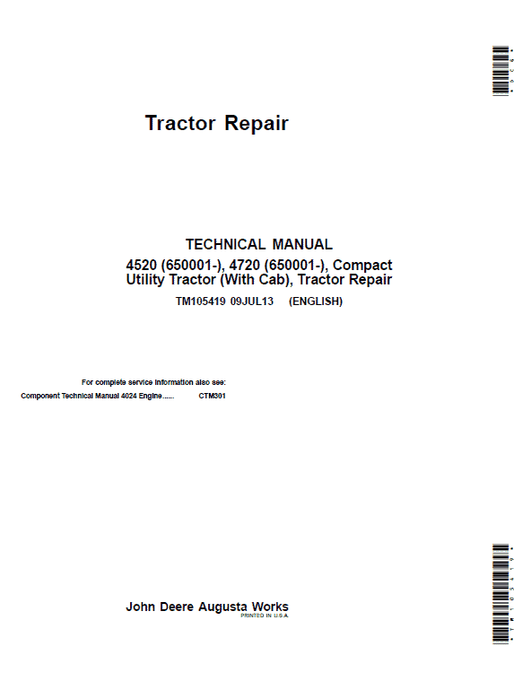 John Deere 4520, 4720 Compact Utility Tractors Service Manual (With Cab - S.N 650001-)