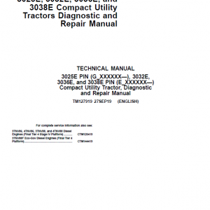 John Deere 3025E, 3032E, 3036E, 3038E Utility Tractors Service Manual (S.N from 610000 - )